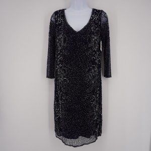 PISARRO NIGHTS Women's Navy Sequined Beaded V Neck Mesh Cocktail Dress Size 10